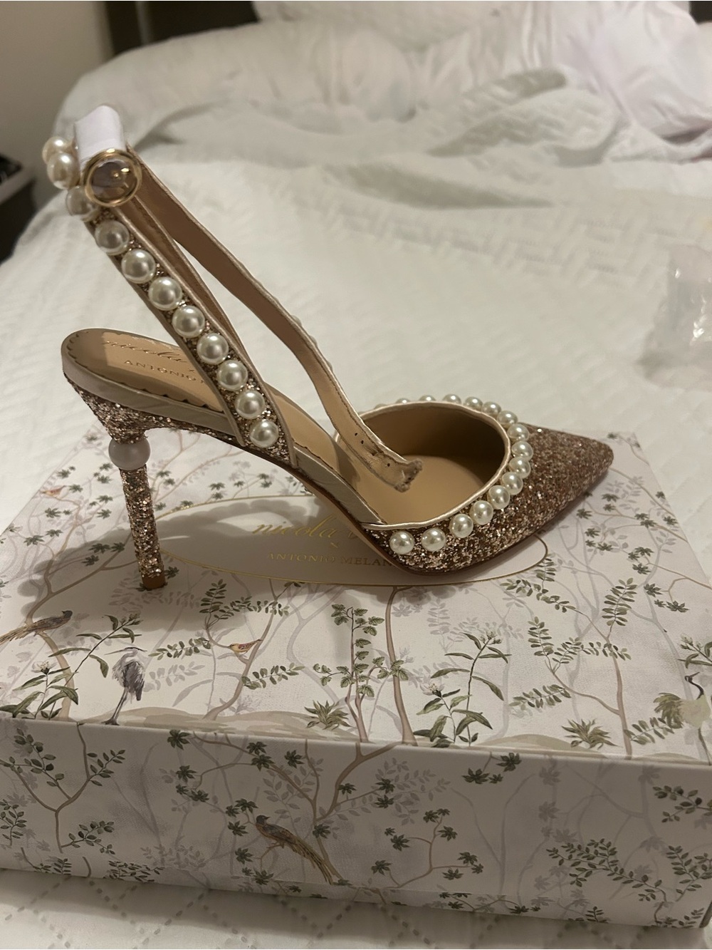 ANTONIO MELANI Rose Gold Glitter Pearl Slingback Heels